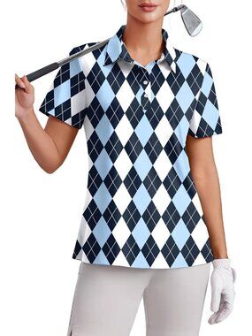 Women Black Blue Plaid 4 Button Golf Polo UPF50+ Quick Dry Tennis Tops Relax Fit